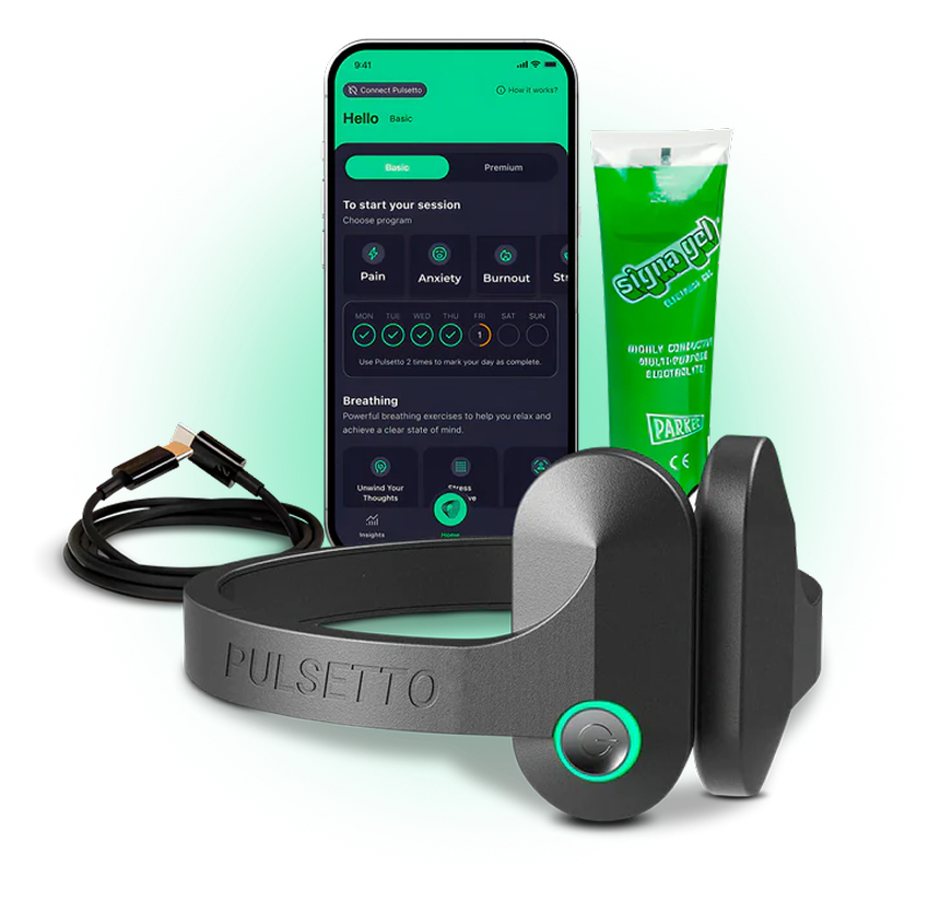Pulsetto vagus nerve stimulator kit with app, conductive gel and USB-C cable