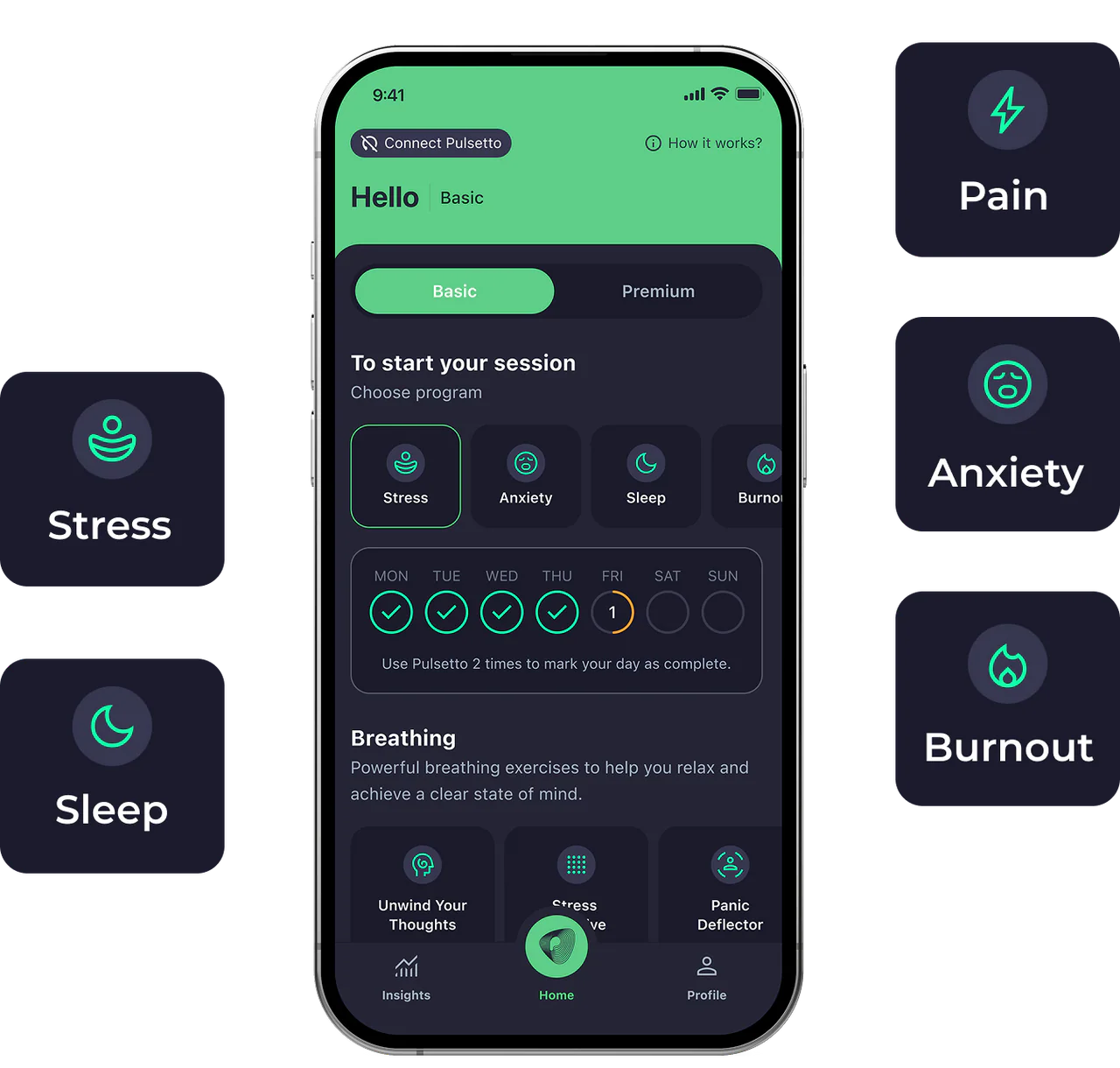 Pulsetto app showing Stress, Anxiety, Sleep, Burnout and Pain programs
