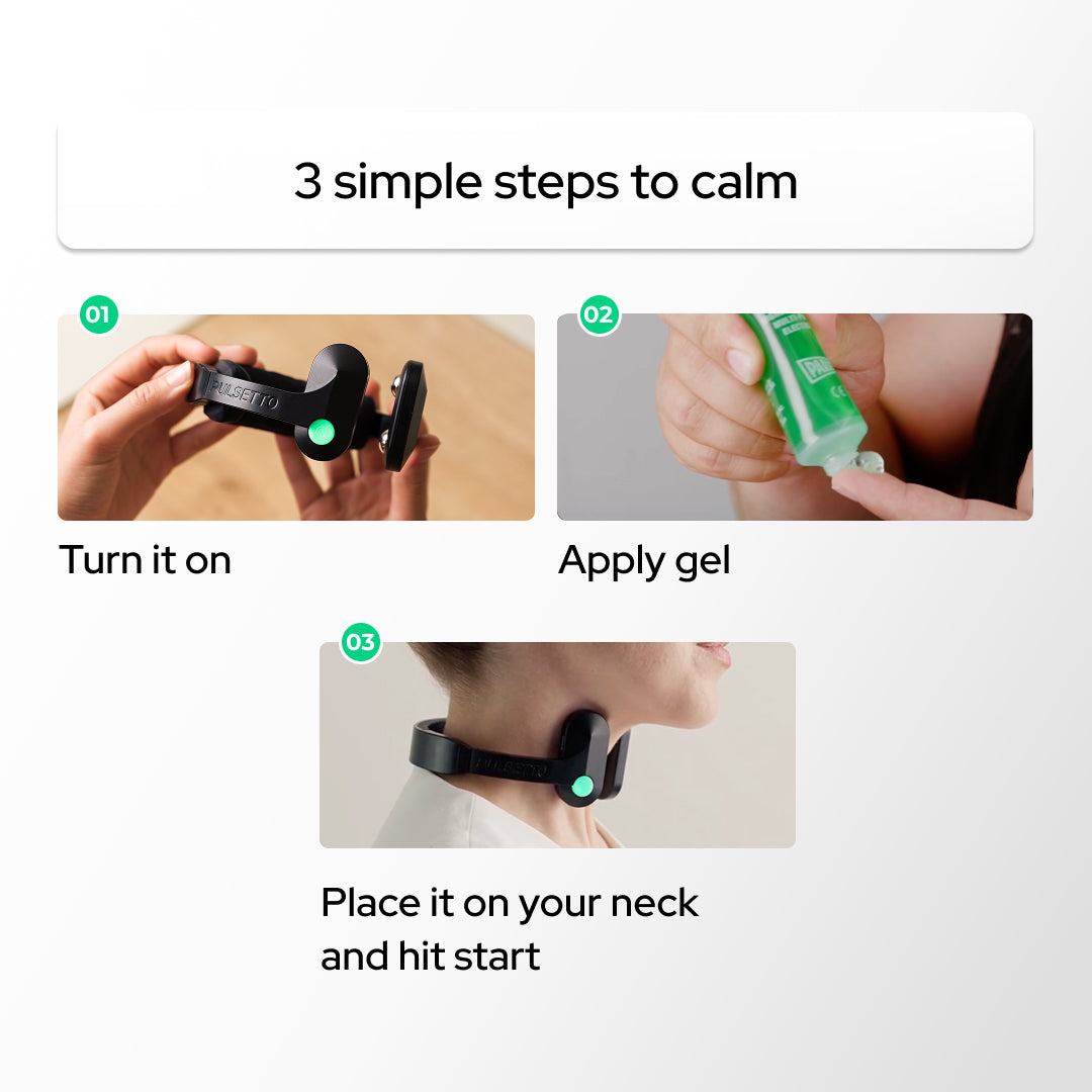 Pulsetto setup steps showing power on, conductive gel application and neck placement
