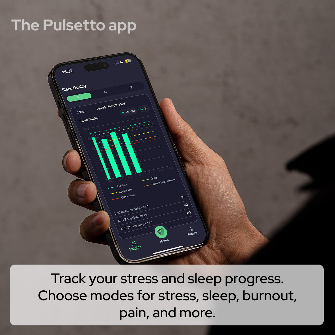 Pulsetto mobile app interface showing wellness tracking and program controls